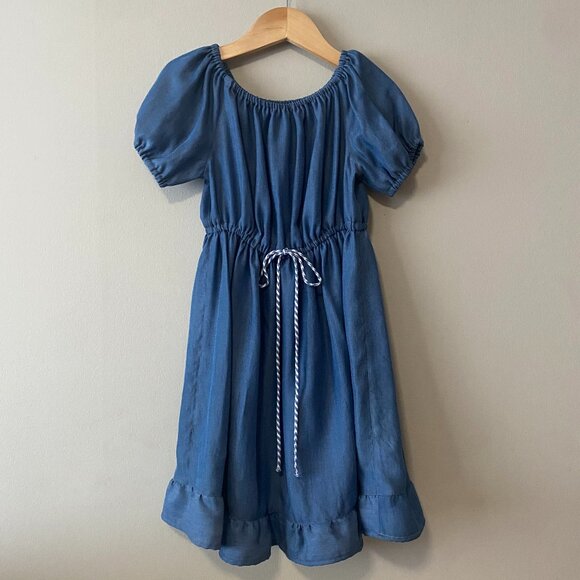 Handmade Children's Blue Upcycled Lyocell Front Tie Ruffle Dress - Picture 1 of 15